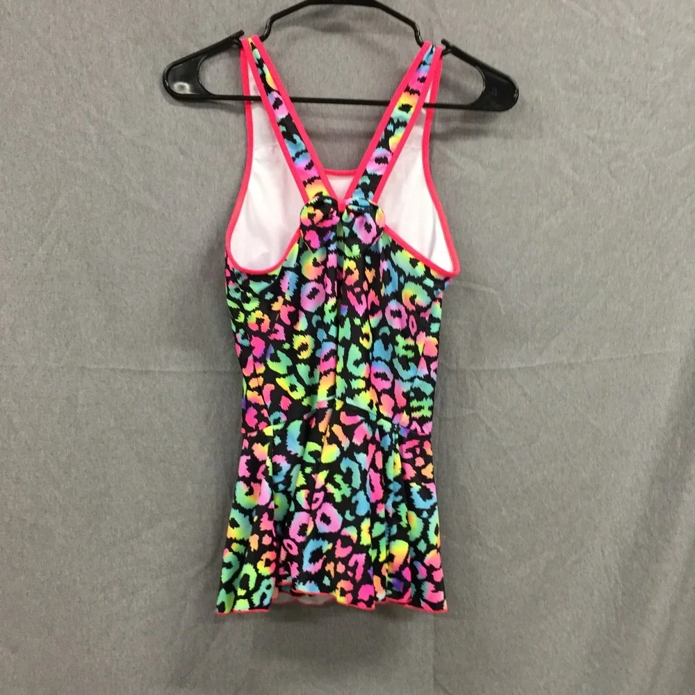 Girls Neon Rainbow Leopard Print One Piece Swim Dress Racerback Skirted Swimsuit
